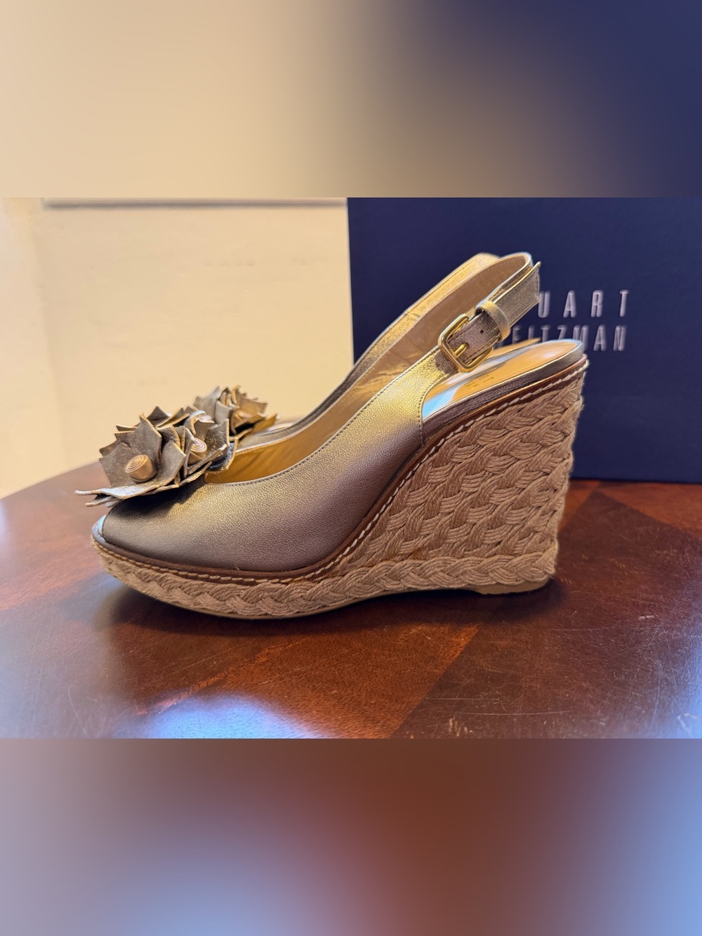 Stuart Weitzman Metallic Silver Slingback Wedge with Floral Detail